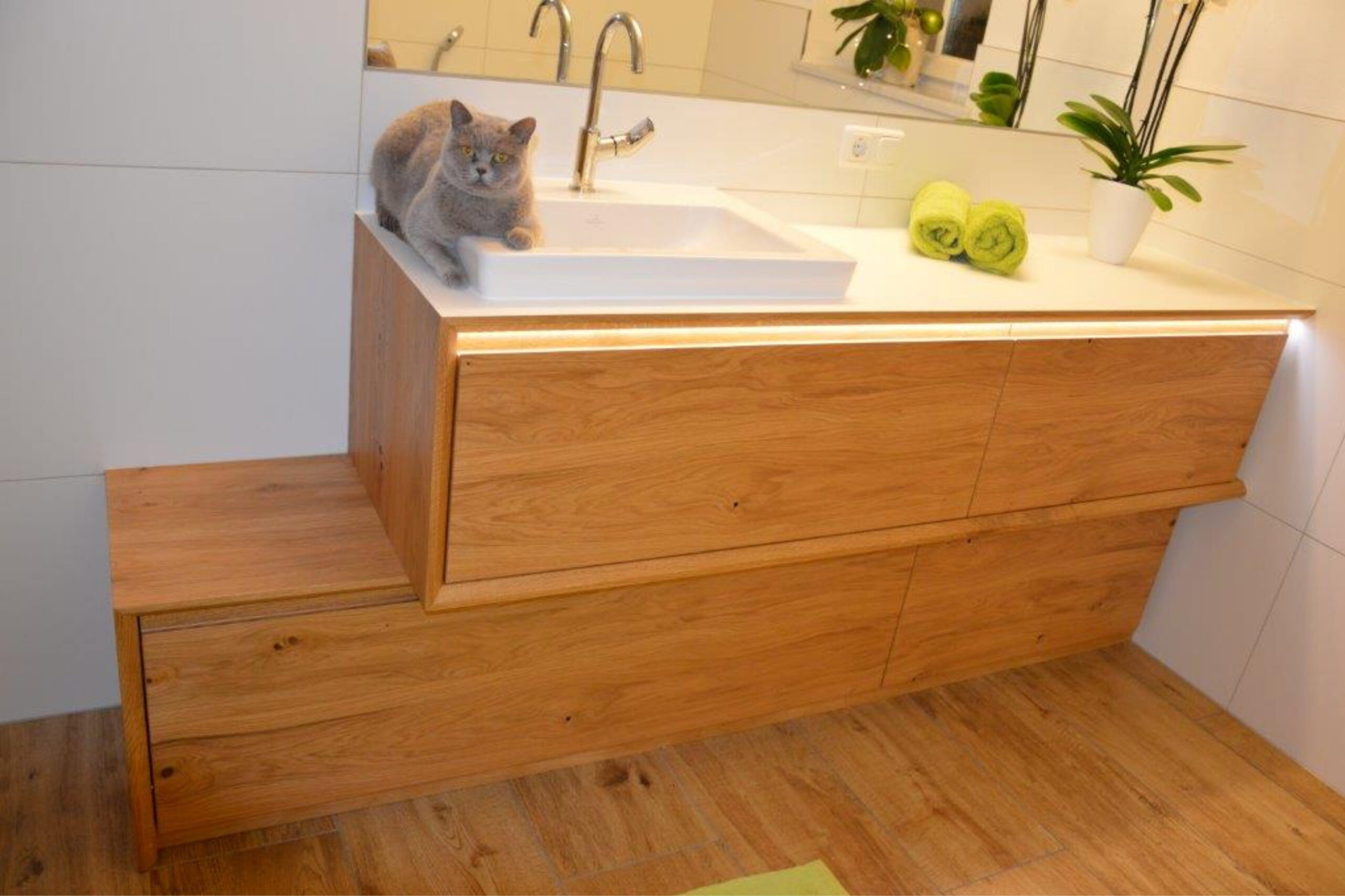 Waschtisch aus Massivholz mit indirekter Beleuchtung, darauf sitzt eine Katze